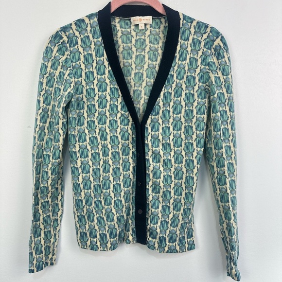 Tory Burch Beetle Scarab Bugs Merino Wool Cardigan Sz Small - Picture 3 of 13